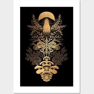 Mushroom forest damask gold Posters and Art